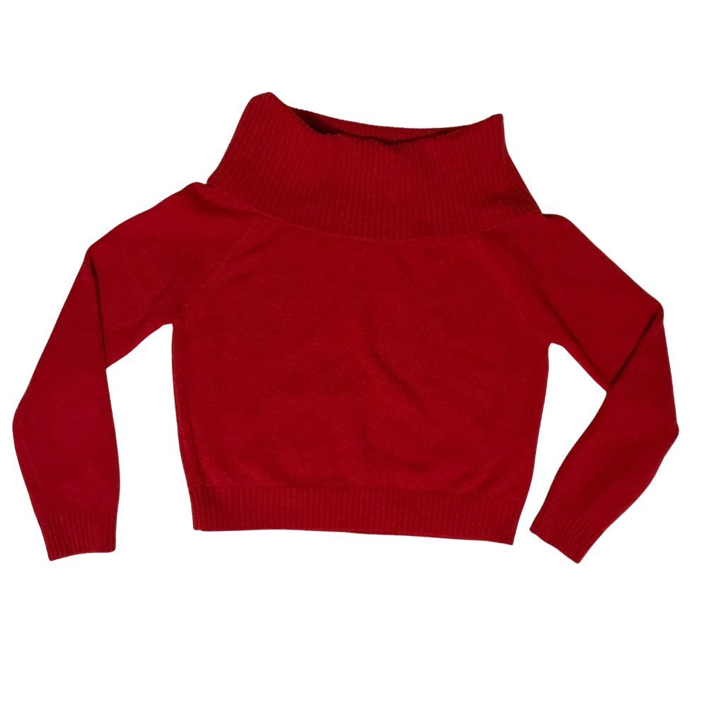 Off Shoulder Womens Knit Top Large Red Cropped Long Sleeve Ribbed NWT